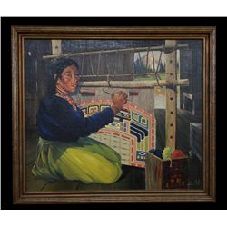 Tlingit Chilkat Weaver Painting on Canvas by Harvey Goodale 27"x 31" Framed  Good Condition