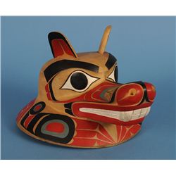 Tlingit Wolf Helmet Carved by Gene Brabant - Maple Wood 13  L. 10 1/2  W.  Good Condition with Stabl