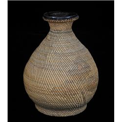 Nuu-chah-nulth Basketry Covered Pottery Jar ca. 1900 5 1/2" D. 6 1/2" H.  Good Condition with Chip o