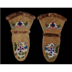 Pair of Athapaskan Beaded Mitts with Rabbit Fur Trim ca. 1920  13" L.  Good Condition