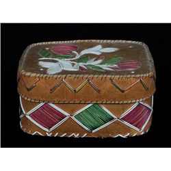 Woodlands Lidded Birch Bark and Quill Work Basket with Floral Design ca. 1910  5 3/4" L. 4 1/2" W. 3