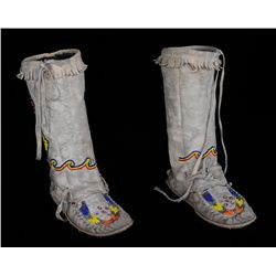 Pair of Okanagan Beaded High Top Moccasins 12" H. 10" L.  Good Condition