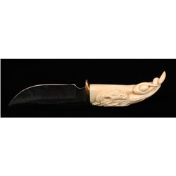Elsie John Carved Sperm Whale Tooth Handled Knife Depicting Dragon and Pearl 10 1/2" L.  Fine Condit