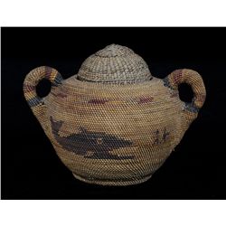 Nuu-chah-nulth Basketry Covered Sugar Bowl with Humans in a Canoe About to Be Eaten by a  Whale ca.