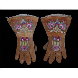 Pair of Northern Cree Child's Silk Embroidered Gauntlets with Floral Design ca. 1910 9 1/2" L. 6" W.
