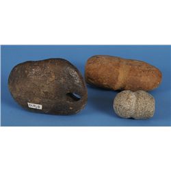 Three Northwest Coast Stone Artifacts, Two Mauls and One Net Sink 3 1/2" L. - 7" L.