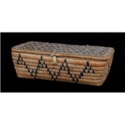 Coast Salish Lidded Basket with Imbricated Mountain Design 11 1/2" L. 5 1/2" W. 3 1/2" H.  Good Cond