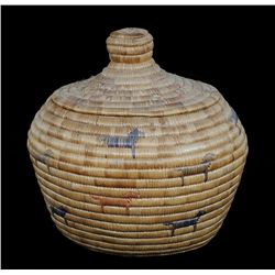Inuit Knob Top Basket with Polychrome Dog Design ca. 1910  11" D. 10" H.  Good Condition
