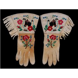 Pair of Silk Embroidered Gloves with Floral, Horse and Horseshoe Motif 12" L. 8 1/2" W.  Good Condit