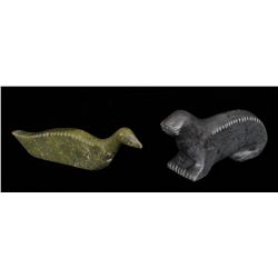 Two Inuit Carvings by Sam Toon; Bird 9 1/4" L. and Seal 8 1/2" L.  Good Condition