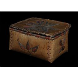 Birch Bark Lidded Basket Decorated with Floral Designs On All Sides and Lid 9" L. 6" W. 5" H.  Fair