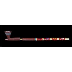 Sioux Turquoise and Pewter Inlaid Catlinite Pipe with  Human Figure Design Quill Work Covered Wood