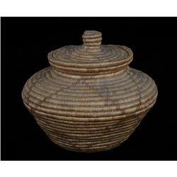 Inuit Knob Top Coiled Grass Basket 8" D. 6 1/2" H.  Good Condition