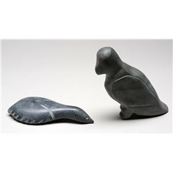 Bird Carving by David A. 6 1/4" H. 6 1/4" W. and an Unsigned Bird Carving 7" L.  Both in Good Condit