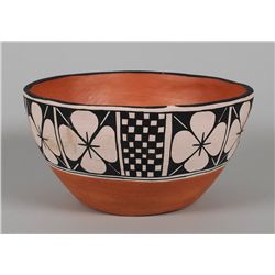 Santo Domingo Polychrome Pottery Bowl Signed Connie Tenorio 10" D. 6" H.  Good Condition