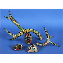 Two Antlers with Painted Chilkat Design 7" L. and 15 1/2" L. and Three Painted Rocks Raven, Fish and
