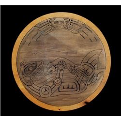 Cedar Rundle Carved with Mother and Cub, Sea Otter and Sun Spirit 22" D.  Good Condition