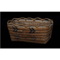 Coast Salish Basket with Arrow Design and Crenulated Rim 9" L. 6" W. 4" H.  Good Condition