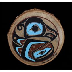 Tlingit Child's Drum Painted with Eagle Design by Odin Lomming 7 3/4" D. 2 3/8" W.  Fine Condition
