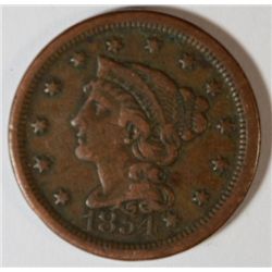 1854 LARGE ONE CENT VF
