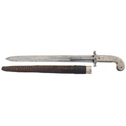 Unique European Double Barreled Sword Percussion Pistol with Finely Engraved German Silver Hilt and