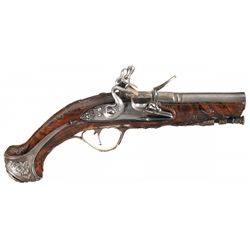 Fine G. Banchi Marked Flintlock Pocket Pistol with Gold Inlaid Barrel and Silver Wire Inlaid Stock