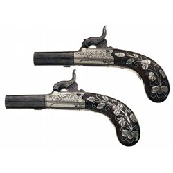 Matching Pair of Unique Scarce Miniature English Silver Engraved Vest Pocket Percussion Pistols with