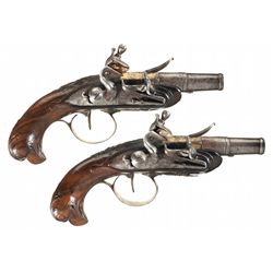 Pair of J Lamotte Marked Flintlock Pocket Pistols with Eagle Head Grip