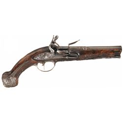 P. Martinoni Marked Flintlock Pistol with Gold Inlaid Barrel and Silver Wire Inlaid Stock