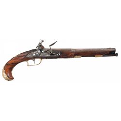 Deep Relief Engraved and Gold Plated G. Rieger and Lazarino Cominazo Signed Flintlock Pistol