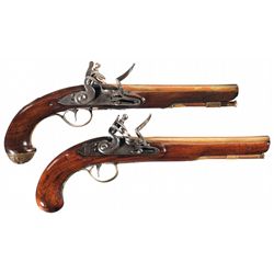 Two English Flintlock Pistols with Brass Barrels