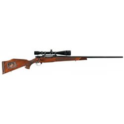 Weatherby Mark V Bolt Action Rifle with Scope and Carved Stock