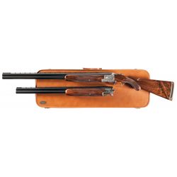 R. Dewil Signed and Engraved Belgian Browning Diana Grade Two Barrel Set Superposed Shotgun with Cas