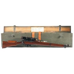 World War II Enfield No. 4 MKI Sniper Rifle with Scope, Mount, Scope Can and Reproduction Wooden Sto