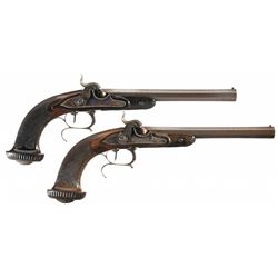 Pair of Engraved Silver Inlaid French Percussion Target Pistols by Gosset