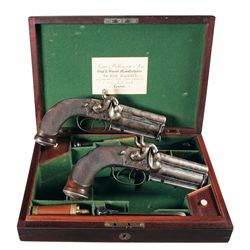 Cased Matching Pair of Engraved Unique Wilkinson & Son London Over/Under Percussion Pistols