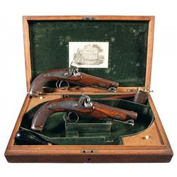 Fine Cased Pair of Engraved Gold Banded Maclauchlan Percussion Travelers Pistols