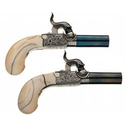 Pair of Tiny French Box Lock Engraved Belgian Proofed Percussion Pistols with Ivory Grips