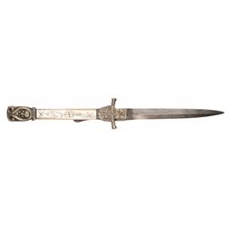 French Style Folding Dirk with Martial Themed Furniture and Incised Carved Mother of Pearl Grips