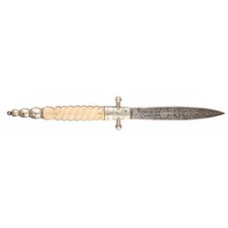 French Style Folding Knife with Carved Bone Grips and Etched Blade