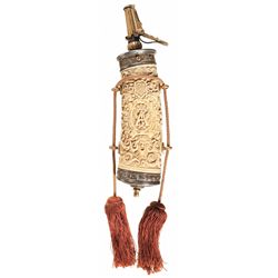 Deeply Carved Ivory Powder Flask with Engraved and Chiseled Gold Mountings