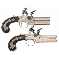 Extremely Rare Pair of Silver Decorated English J&W Richards Box Lock Over/Under Flintlock Pistols