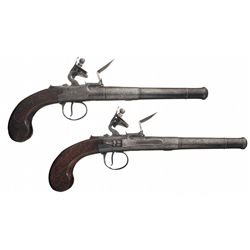 Pair of Queen Anne Flintlock Pistols with Wire Inlaid Grip