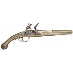 Unique Unidentified Flintlock Pistol with Attractive Engraved Solid German Silver Stock