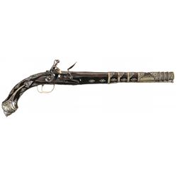 Ornate Mediterranean Chieftan Style German Silver and Stone Adorned Flintlock Pistol