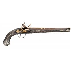 Ornate European Flintlock Pistol with Extensive Gold Overlay and Silver Inlay