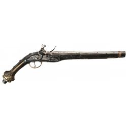 Engraved Mediterranean Style Flintlock Holster Pistol with Carved Silver Plated and Wire Inlaid Stoc