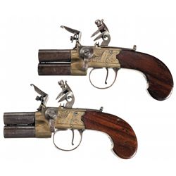 Pair of Nock Double Barrel Brass Frame Flintlock Pistols