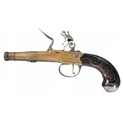 Collum Bell London Brass Flintlock Pistol with Silver Wire Inlaid Grip
