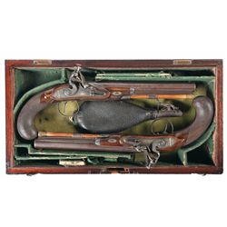 Cased Matching Pair of Engraved Gold Inlaid Wallis Hull Flintlock Pistols
